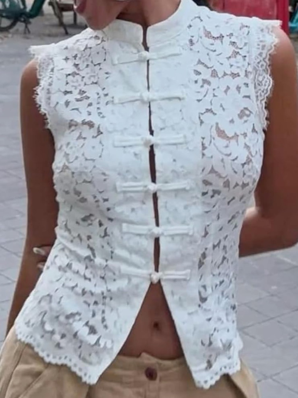 White Lace Mandarin Collar Top